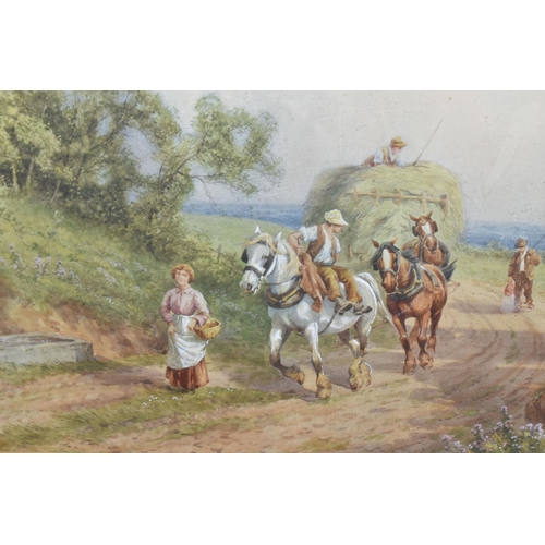 525 - A.D BELL (AKA WILFRED KNOX 1884-1966) AFTER THE HARVEST, heavy horses are pulling a cart laden with ... 