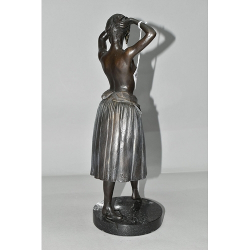 528 - A PATINATED BRONZE FIGURE OF A BALLERINA, height 36cm, a partially clad young woman fixing her hair ... 