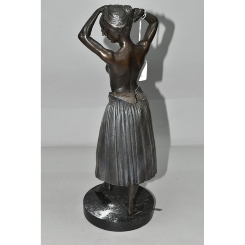 528 - A PATINATED BRONZE FIGURE OF A BALLERINA, height 36cm, a partially clad young woman fixing her hair ... 