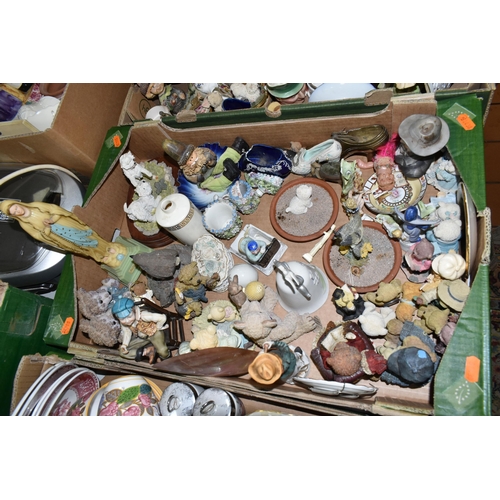 533 - FIVE BOXES OF CERAMICS AND ORNAMENTS, to include a Lean Green Fat Grilling Machine, bird and bear or... 