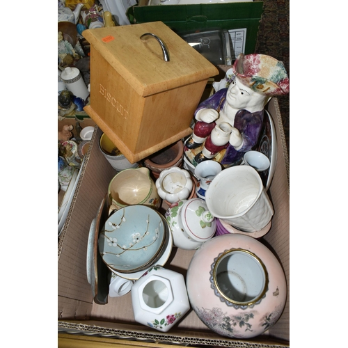 533 - FIVE BOXES OF CERAMICS AND ORNAMENTS, to include a Lean Green Fat Grilling Machine, bird and bear or... 