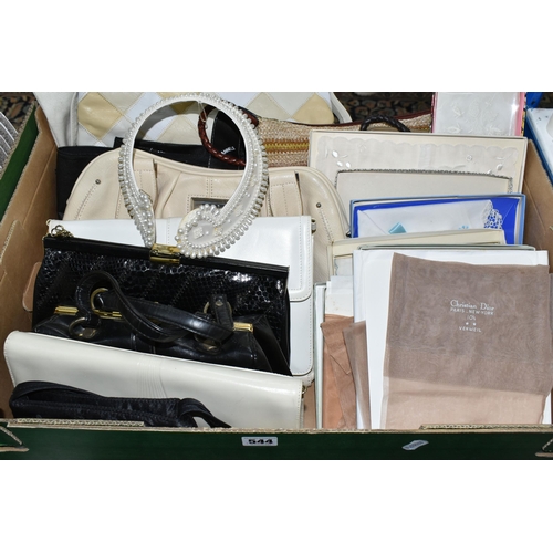 544 - A BOX OF LADIES ACCESSORIES, to include two boxed pairs of vintage Christian Dior stockings, handbag... 