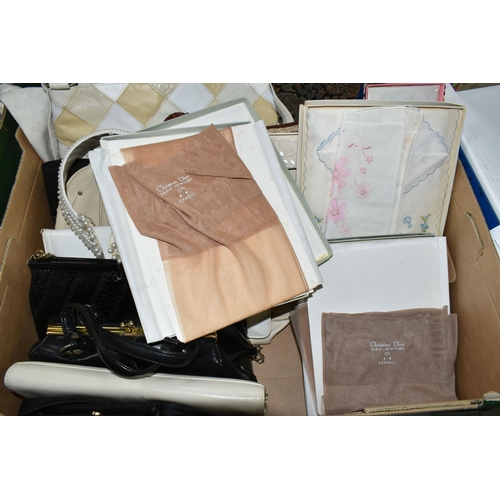 544 - A BOX OF LADIES ACCESSORIES, to include two boxed pairs of vintage Christian Dior stockings, handbag... 