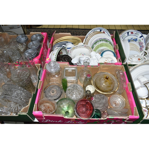 546 - SIX BOXES OF CERAMICS AND GLASS WARES, to include a Midwinter fashion shape cheese dish and cover in... 