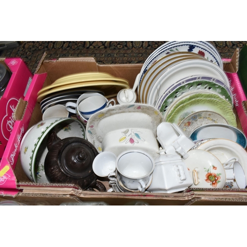 546 - SIX BOXES OF CERAMICS AND GLASS WARES, to include a Midwinter fashion shape cheese dish and cover in... 