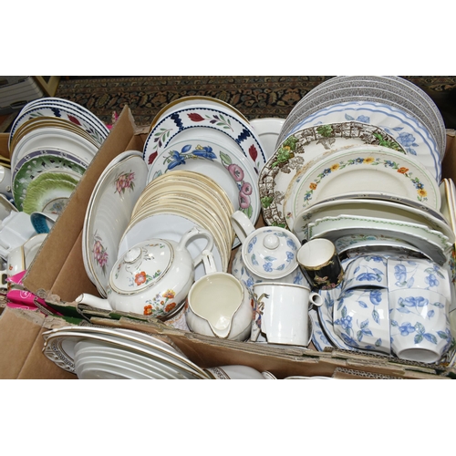 546 - SIX BOXES OF CERAMICS AND GLASS WARES, to include a Midwinter fashion shape cheese dish and cover in... 