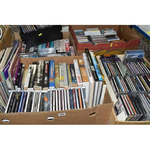 547 - FOUR BOXES OF MUSIC to include over 240 CD's, twenty+ VHS video cassettes, twenty+ books and forty-f... 