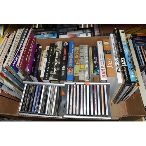 547 - FOUR BOXES OF MUSIC to include over 240 CD's, twenty+ VHS video cassettes, twenty+ books and forty-f... 