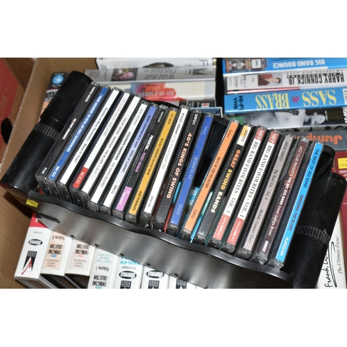 547 - FOUR BOXES OF MUSIC to include over 240 CD's, twenty+ VHS video cassettes, twenty+ books and forty-f... 