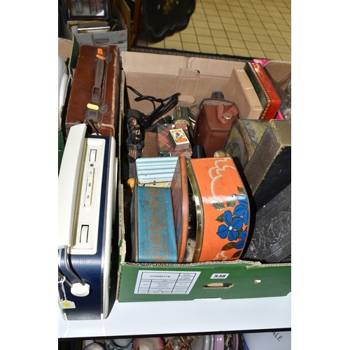 548 - A BOX AND LOOSE ADVERTISING TINS, METALWARES, RADIO AND SUNDRY ITEMS, to include a once hinged tin w... 