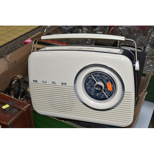 548 - A BOX AND LOOSE ADVERTISING TINS, METALWARES, RADIO AND SUNDRY ITEMS, to include a once hinged tin w... 