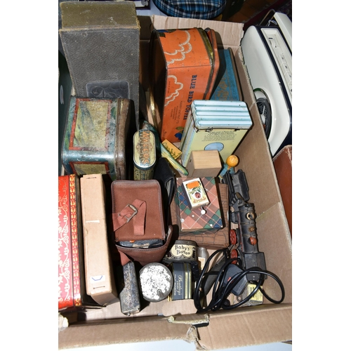 548 - A BOX AND LOOSE ADVERTISING TINS, METALWARES, RADIO AND SUNDRY ITEMS, to include a once hinged tin w... 