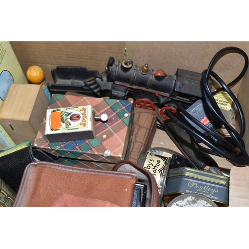 548 - A BOX AND LOOSE ADVERTISING TINS, METALWARES, RADIO AND SUNDRY ITEMS, to include a once hinged tin w... 