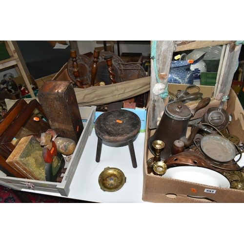 551 - TWO BOXES AND LOOSE METALWARES, TREEN, FISHING ROD AND SUNDRY ITEMS, to include a Dawsons of Bromley... 