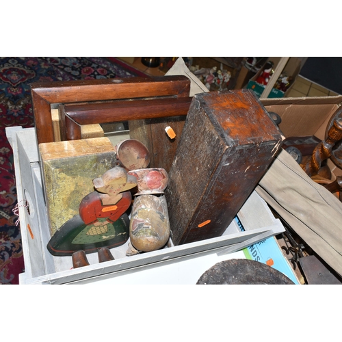 551 - TWO BOXES AND LOOSE METALWARES, TREEN, FISHING ROD AND SUNDRY ITEMS, to include a Dawsons of Bromley... 