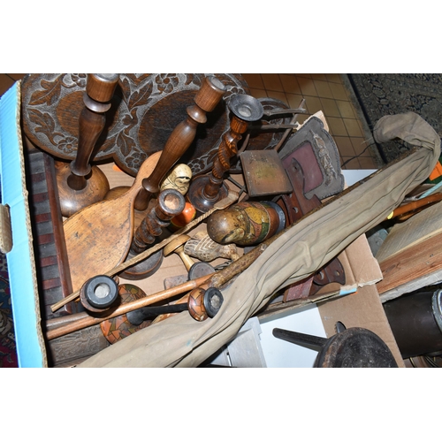 551 - TWO BOXES AND LOOSE METALWARES, TREEN, FISHING ROD AND SUNDRY ITEMS, to include a Dawsons of Bromley... 