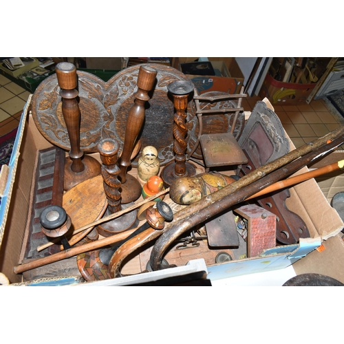 551 - TWO BOXES AND LOOSE METALWARES, TREEN, FISHING ROD AND SUNDRY ITEMS, to include a Dawsons of Bromley... 