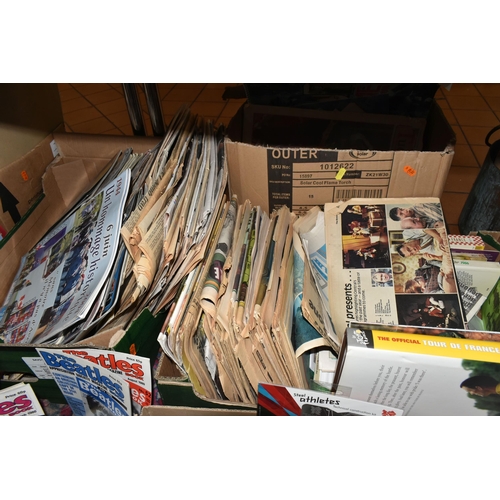 553 - SIX BOXES OF PAPER EPHEMERA, a large collection of newspapers, magazines, calendars, guides and souv... 