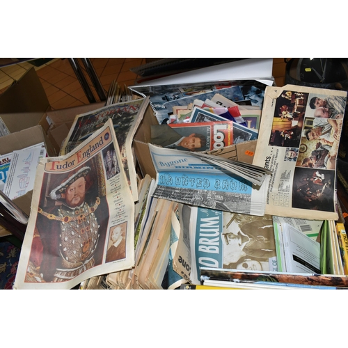 553 - SIX BOXES OF PAPER EPHEMERA, a large collection of newspapers, magazines, calendars, guides and souv... 