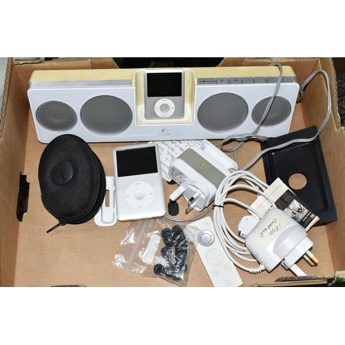 556 - A BOX OF APPLE IPODS AND ACCESSORIES, to include an 80GB iPod, an 8GB iPod, a Logitech docking stati... 