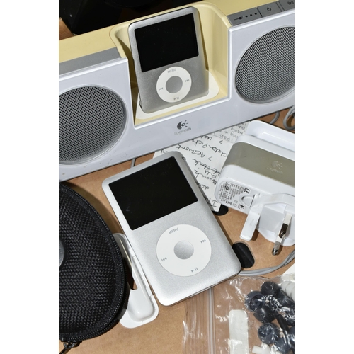 556 - A BOX OF APPLE IPODS AND ACCESSORIES, to include an 80GB iPod, an 8GB iPod, a Logitech docking stati... 