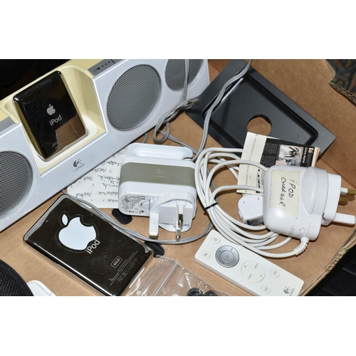 556 - A BOX OF APPLE IPODS AND ACCESSORIES, to include an 80GB iPod, an 8GB iPod, a Logitech docking stati... 