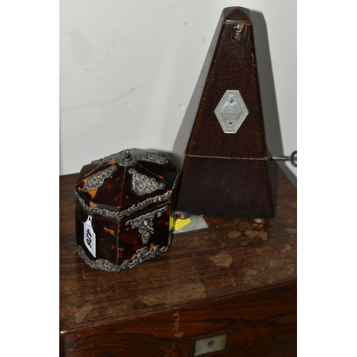 426 - A LATE VICTORIAN SHAPED OCTAGONAL TORTOISESHELL AND SILVER MOUNTED TEA CADDY, A 20TH CENTURY MAELZEL... 