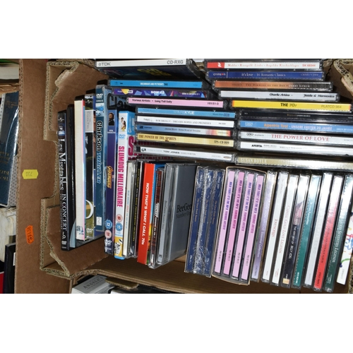 738 - SEVEN BOXES OF LPs, CDs and DVDs, containing a collection of LP records including With The Beatles P... 