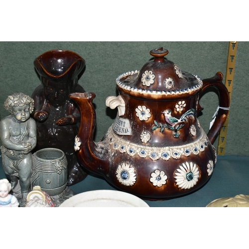 385 - A SMALL GROUP OF 19TH AND 20TH CENTURY CERAMICS, including a Stevenson and Hancock Derby 'Gamp' vest... 