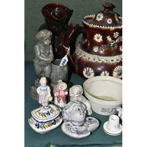 385 - A SMALL GROUP OF 19TH AND 20TH CENTURY CERAMICS, including a Stevenson and Hancock Derby 'Gamp' vest... 