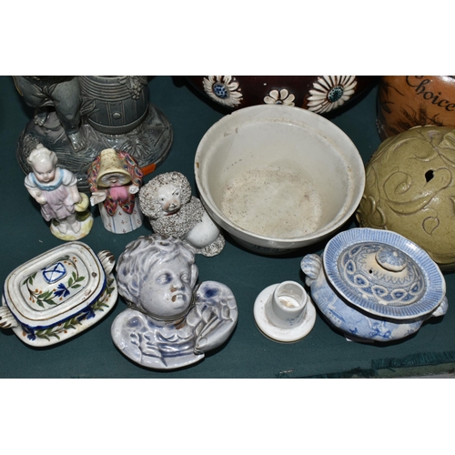 385 - A SMALL GROUP OF 19TH AND 20TH CENTURY CERAMICS, including a Stevenson and Hancock Derby 'Gamp' vest... 