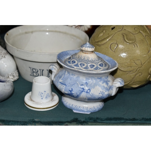 385 - A SMALL GROUP OF 19TH AND 20TH CENTURY CERAMICS, including a Stevenson and Hancock Derby 'Gamp' vest... 