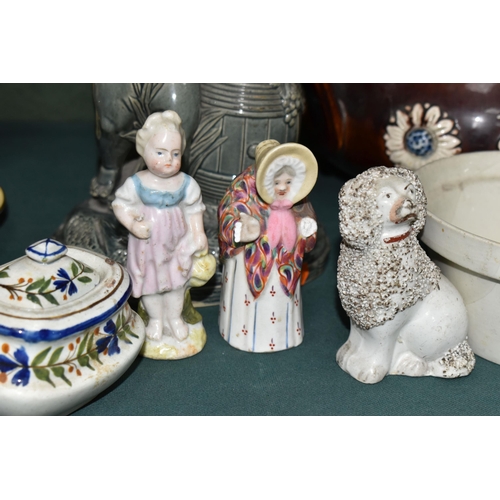 385 - A SMALL GROUP OF 19TH AND 20TH CENTURY CERAMICS, including a Stevenson and Hancock Derby 'Gamp' vest... 