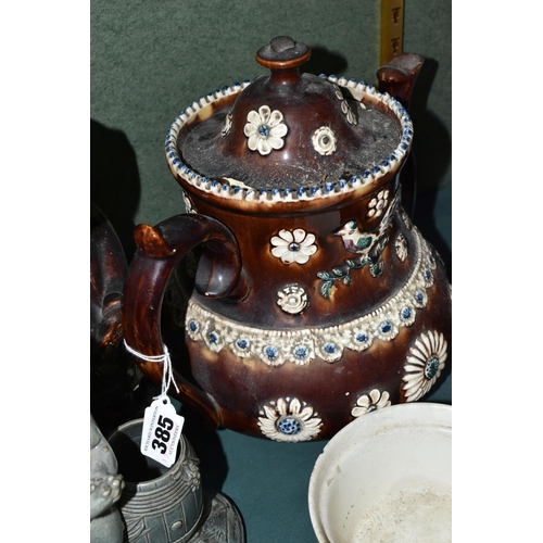 385 - A SMALL GROUP OF 19TH AND 20TH CENTURY CERAMICS, including a Stevenson and Hancock Derby 'Gamp' vest... 