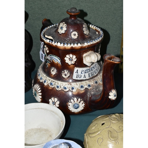 385 - A SMALL GROUP OF 19TH AND 20TH CENTURY CERAMICS, including a Stevenson and Hancock Derby 'Gamp' vest... 