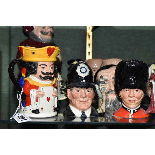 391 - A COLLECTION OF ROYAL DOULTON TOBY AND CHARACTER JUGS, seventeen pieces to include a King and Queen ... 