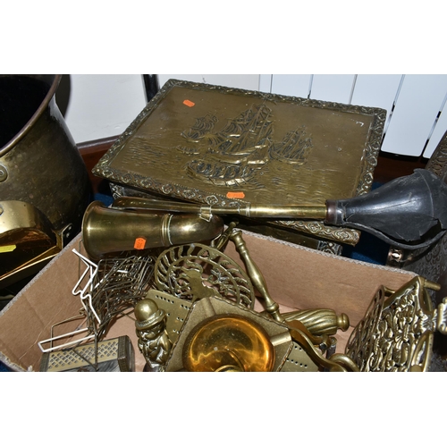 396 - ONE BOX OF BRASSWARE, to include a fireside companion set, two fire dogs, a coal scuttle, jam pan, c... 