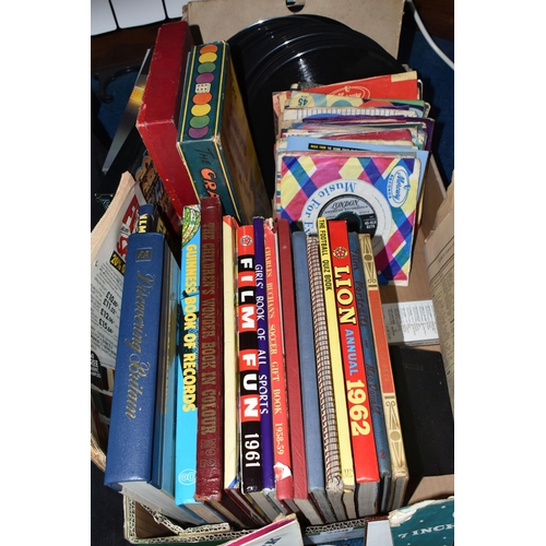 398 - ONE BOX OF BOOKS, GAMES AND SINGLE RECORDS, to include a 1946 Dinky Toys Meccano England original 'G... 