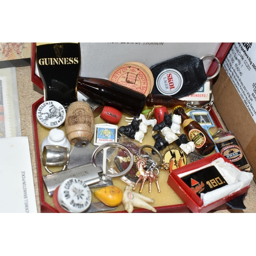 405 - TWO BOXES OF BREWERIANA, TINS AND FIRST DAY COVERS, to include a Tuborg lager ashtray, Tapster's Bla... 