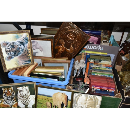 406 - SIX BOXES OF ASSORTED SUNDRIES, to include a black shelving unit, framed photos and prints, cutlery,... 