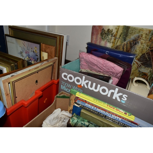 406 - SIX BOXES OF ASSORTED SUNDRIES, to include a black shelving unit, framed photos and prints, cutlery,... 