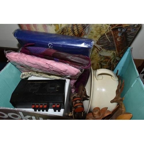 406 - SIX BOXES OF ASSORTED SUNDRIES, to include a black shelving unit, framed photos and prints, cutlery,... 