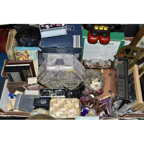 407 - TWO BOXES OF ASSORTED SUNDRIES, to include a vintage battery operated Japanese made 'fruit machine r... 