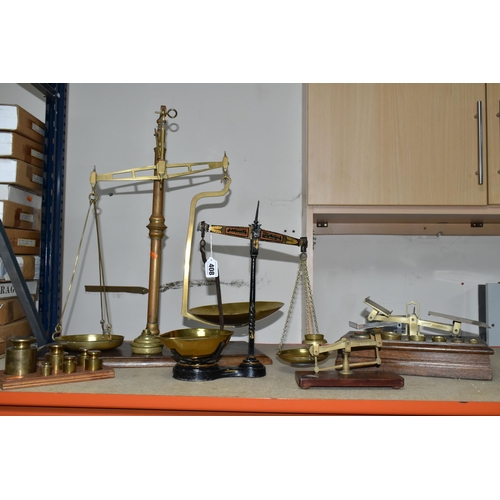 408 - FOUR SETS OF VICTORIAN BALANCE SCALES, and a set of brass weights, a W.Wilcock & Co. Chorley egg and... 