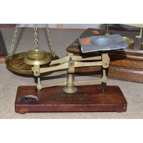 408 - FOUR SETS OF VICTORIAN BALANCE SCALES, and a set of brass weights, a W.Wilcock & Co. Chorley egg and... 