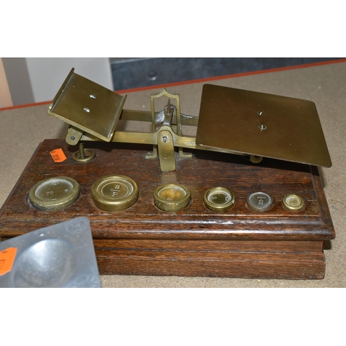 408 - FOUR SETS OF VICTORIAN BALANCE SCALES, and a set of brass weights, a W.Wilcock & Co. Chorley egg and... 