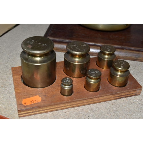 408 - FOUR SETS OF VICTORIAN BALANCE SCALES, and a set of brass weights, a W.Wilcock & Co. Chorley egg and... 