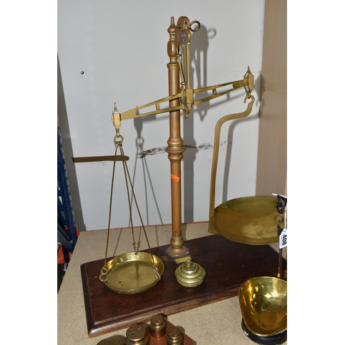 408 - FOUR SETS OF VICTORIAN BALANCE SCALES, and a set of brass weights, a W.Wilcock & Co. Chorley egg and... 