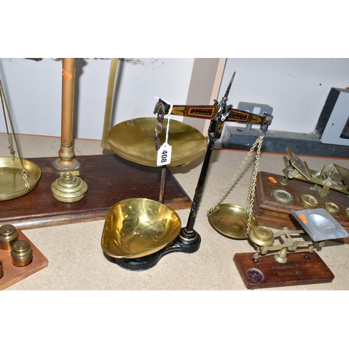 408 - FOUR SETS OF VICTORIAN BALANCE SCALES, and a set of brass weights, a W.Wilcock & Co. Chorley egg and... 