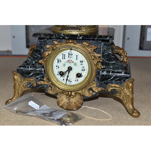 410 - A LATE 19TH/EARLY 20TH CENTURY FRENCH FIGURAL CLOCK, black and white marble base surmounted with a '... 